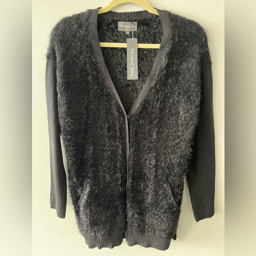 NWT Michael Stars black fuzzy cardigan snap front size medium